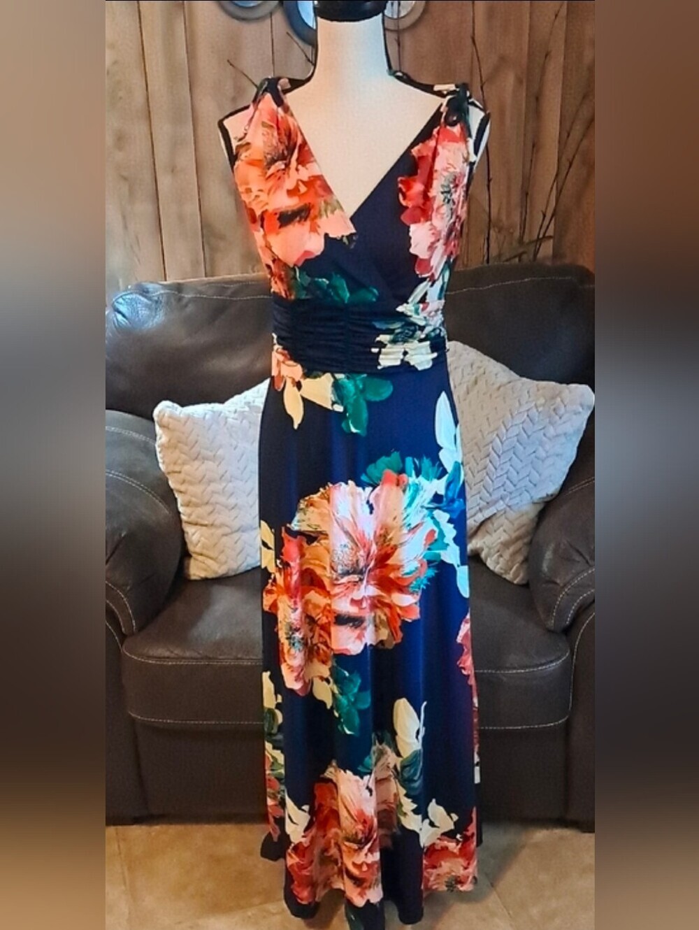 Bella Rose Floral V-Neck Maxi Dress in Navy and Coral Shoulder Ties Garden Party